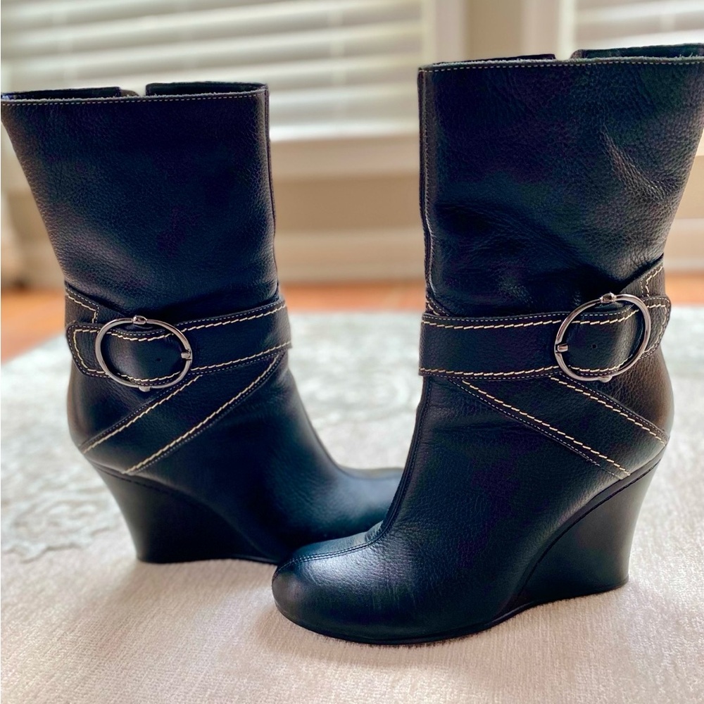 BCBG Paris -Black Leather Wedge Boots - Super Comfortable!!